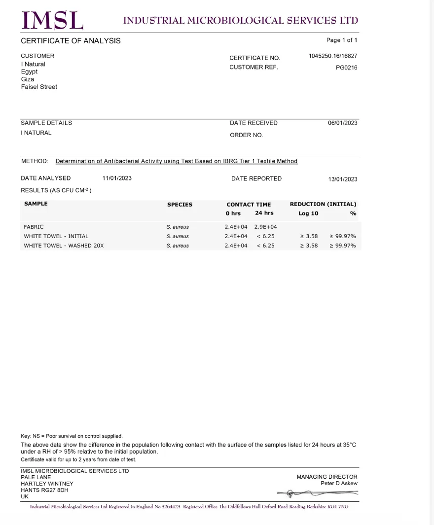 IMSL certificate of analysis for INATURAL towel samples, reference 1045250.16/16827, reported 13 January 2023